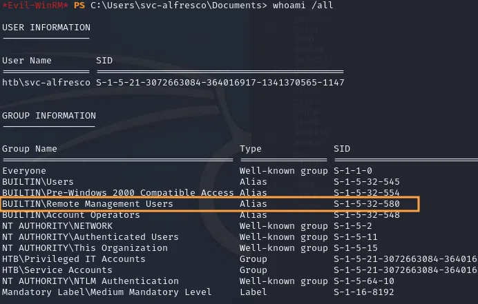 Récupération des permissions et groupes de l'utilisateur "HTB.LOCAL\SVC-ALFRESCO".