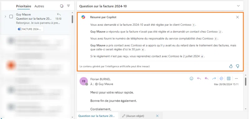 Copilot pour Microsoft 365 - Outlook - Résumer un échange d'e-mails