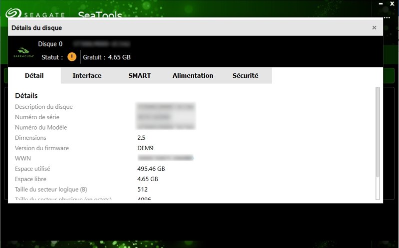 Etat du disque Seagate avec SeaTools