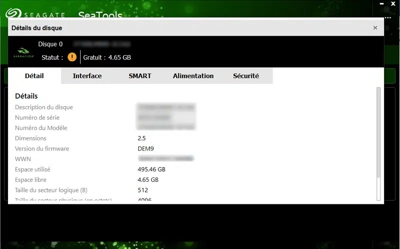 Etat du disque Seagate avec SeaTools