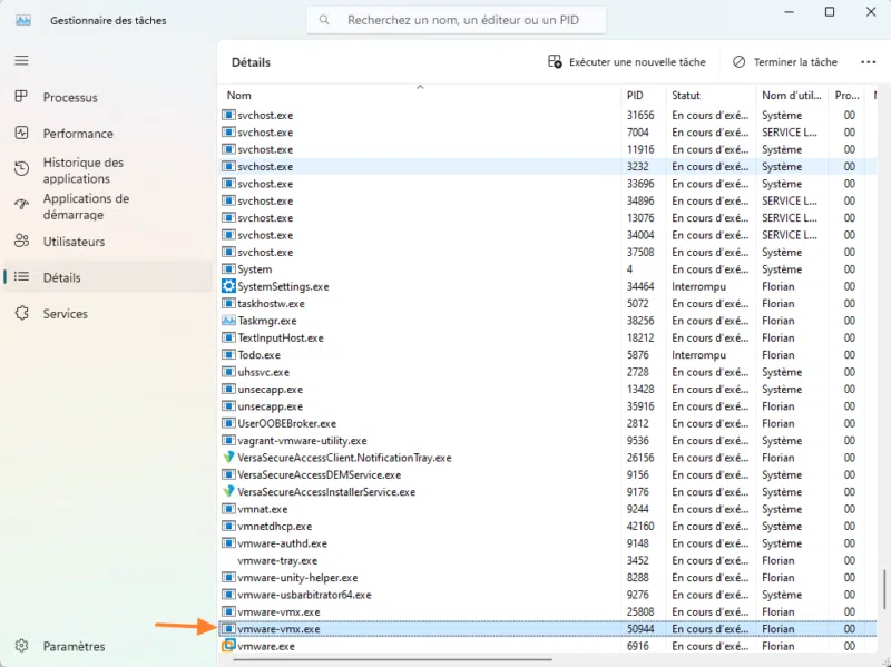 Forcer arrêt VM avec Gestionnaire des tâches - VMware Workstation