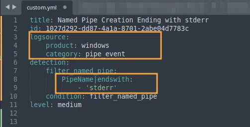 Règle SIGMA personnalisé ciblant les Pipe dont le nom fini par "stderr".