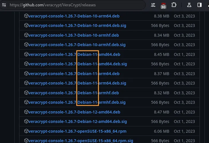 Identifier l'OS dans les packages VeraCrypt sur Github.