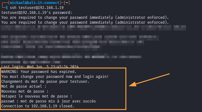 Procédure de changement de mot de passe côté utilisateur (accès SSH).