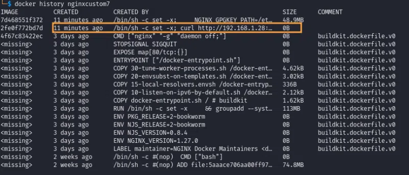 Vue de l'historique de constrution d'une image Docker.