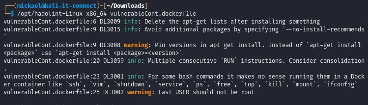 Retour de l’analyse hadolint sur un Dockerfile.