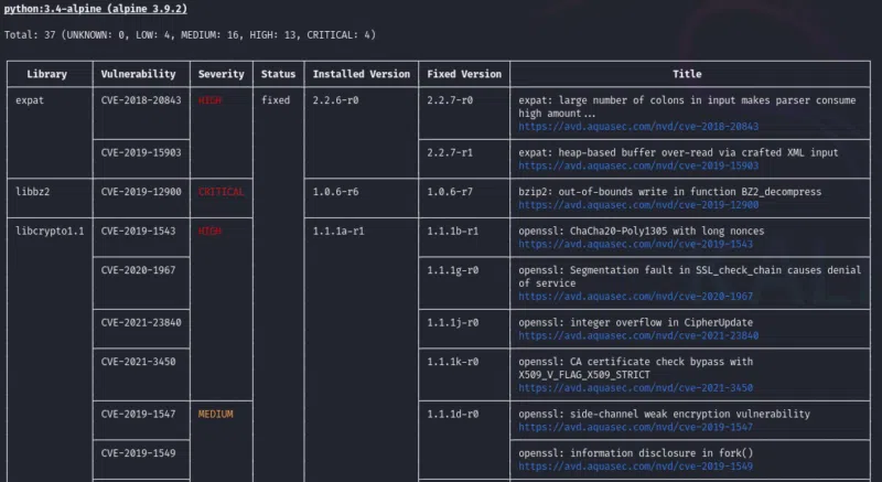 Extrait de l'analyse faite par trivy sur la version des paquets d'une image Docker.
