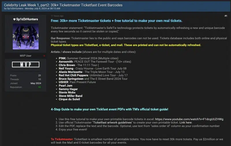 Fuite de données Ticketmaster - Juillet 2024
