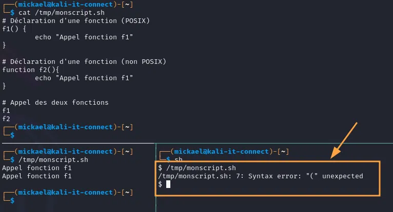 Différence d’exécution du même script dans un shell POSIX et un shell non POSIX.
