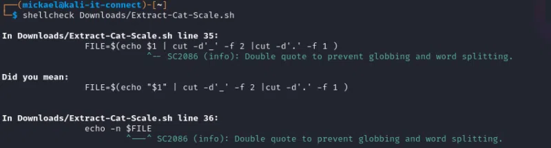 Exemple de note “info” remontée par “shellcheck”.