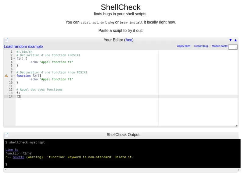 Utilisation de la version en ligne de “shellcheck”.