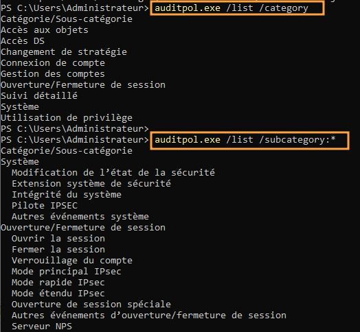 Lister les catégories et sous-catégories des stratégies d'audit.