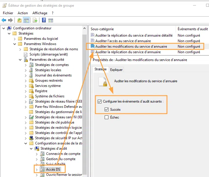 Activation de la journalisation des modifications sur le service d’annuaire.