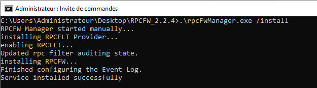 Installation de RPCFirewall en ligne de commande.