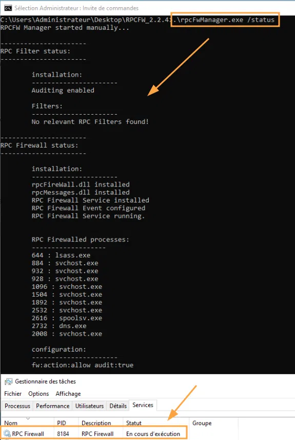 Visualisation du statut du service RPC Firewall en GUI ou CLI.
