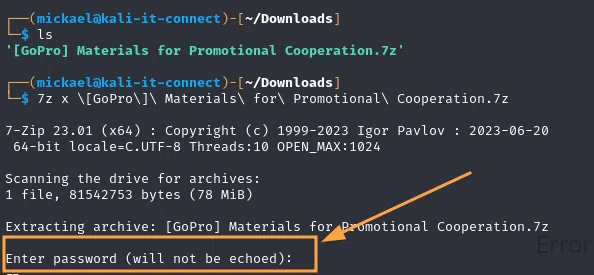 Demande de saisi du mot de passe lors de l'ouverture de l'archive chiffrée.