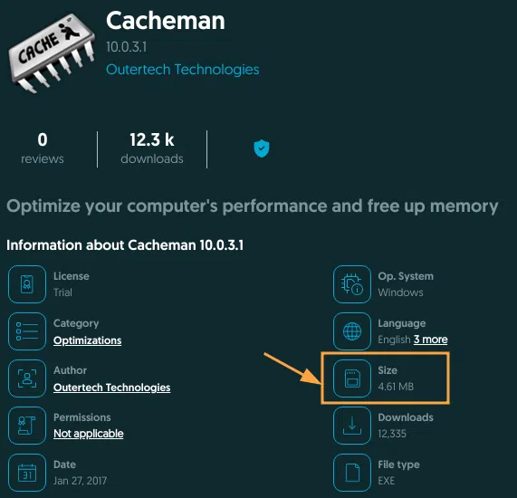 Taille de la même version du fichier CachemanControl.exe