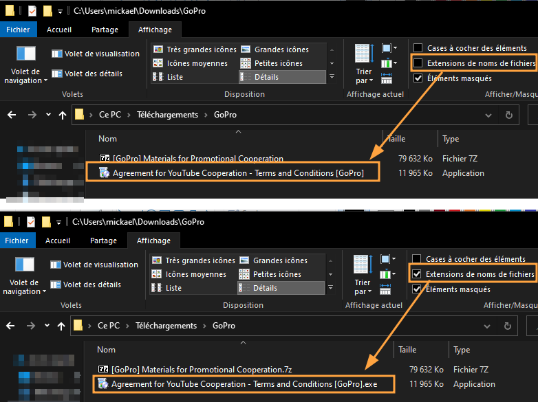 Affichage de l'extension des fichiers dans l'explorateur de fichiers Windows.