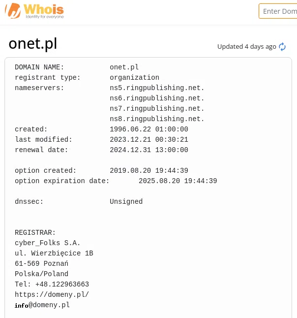 Contenu de la base WHOIS à propos du nom de domaine onet.pl.