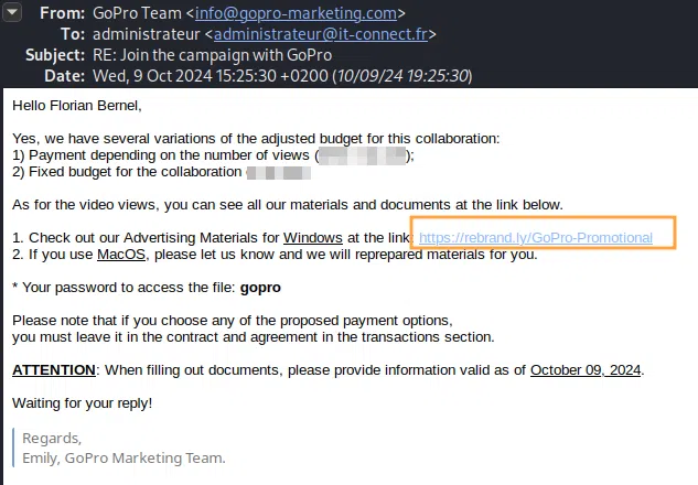 Mail de phishing reçu et demandant le téléchargement d'un fichier.