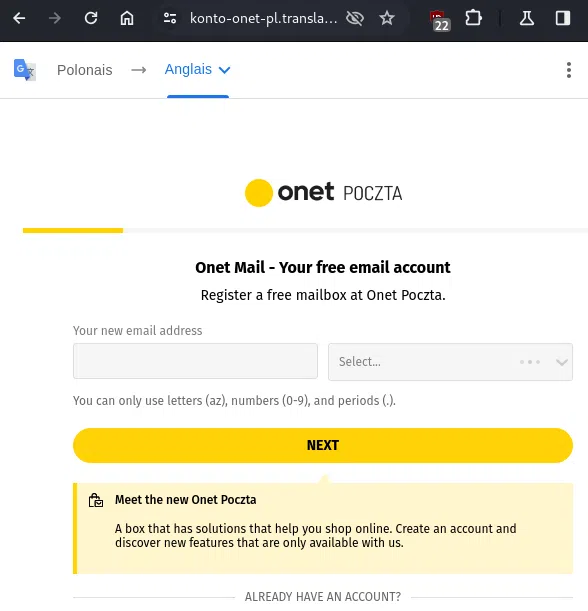 Page de création d'une adresse mail gratuite sur onet.pl.