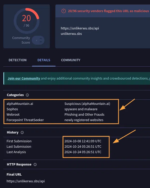 Avis et détails d'un domaine IoC de l'exécutable suspect.