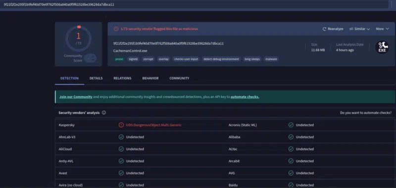 Analyse VirusTotal de l'exécutable suspect dés réception.