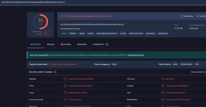 Analyse VirusTotal de l'exécutable suspect quelques jours après réception.