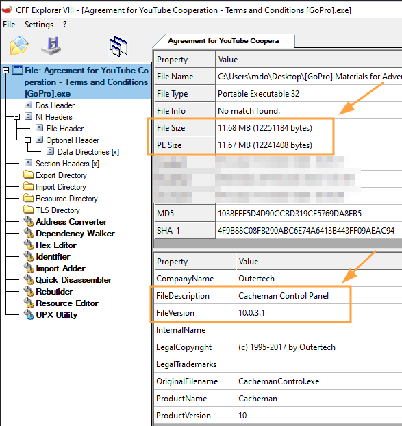 Récupération de la taille et des propriétés de l'exécutable via CFF Explorer.