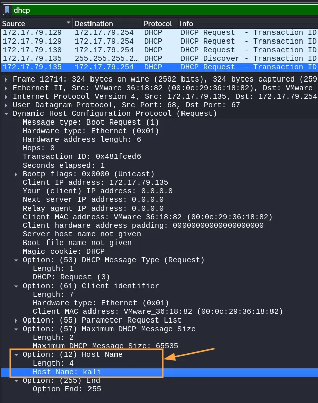 Identification du nom du poste de l'attaquant dans les paquets DCHP envoyés.