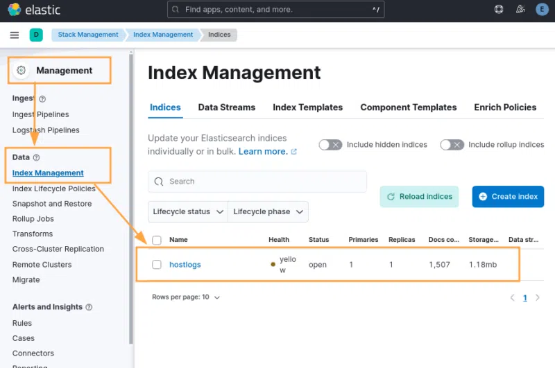 Confirmation de la réception des logs dans un nouvel index "hostlogs".