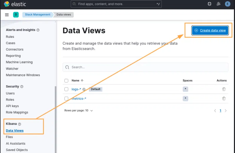Accès à la fonction Management > Data Views > Create Data Views d'ELK.