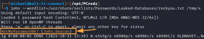 Découverte du mot de passe après cassage du hash NTLMv2.