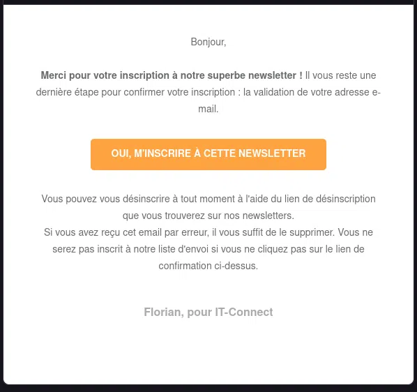 Exemple de mail double opt-in suite à l'inscription à une newsletter.
