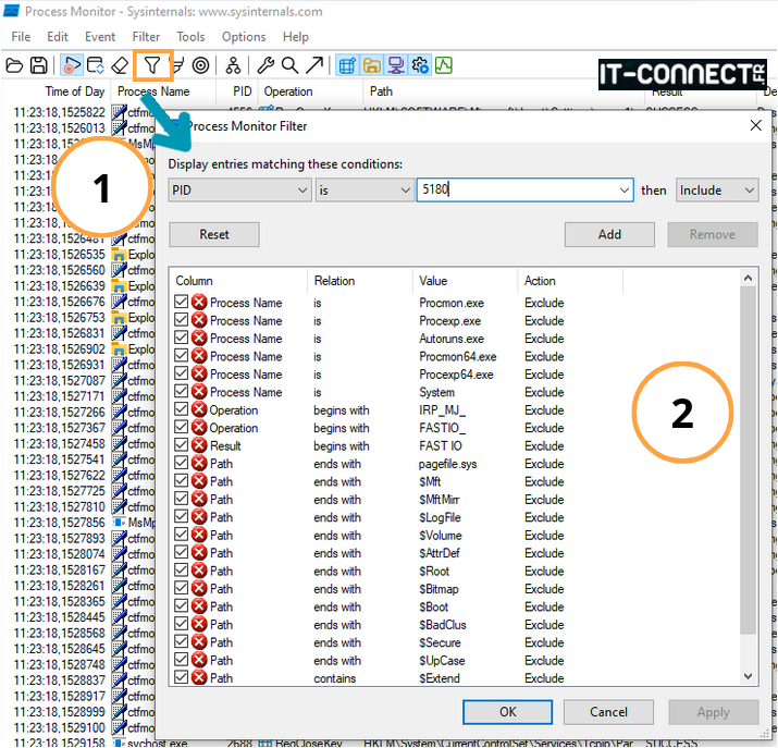 Interface des filtres de Process Monitor.