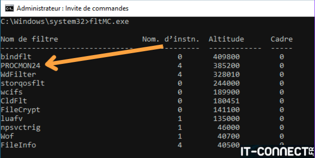 Visualisation du driver Process Monitor depuis un terminal privilégié.
