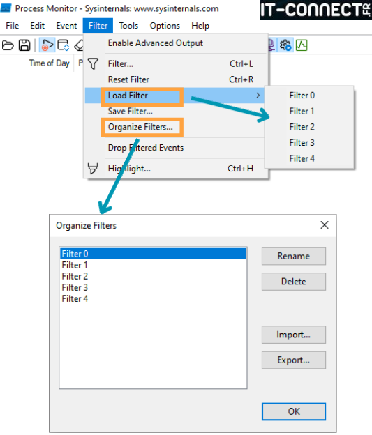 Réutiliser et gestion des filtres dans Process Monitor.