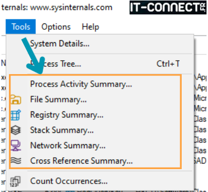 Accès aux résumés d’activités de Process Monitor.