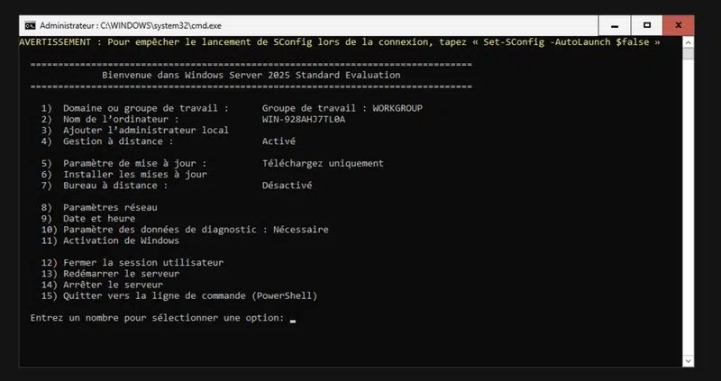 Interface Windows Server 2025 en mode Core