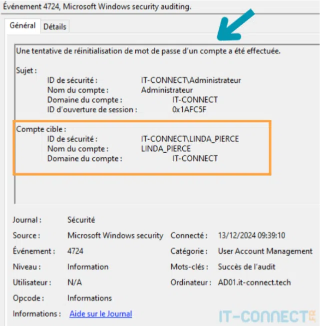Exemple d’évènement journalisé sur un Active Directory.
