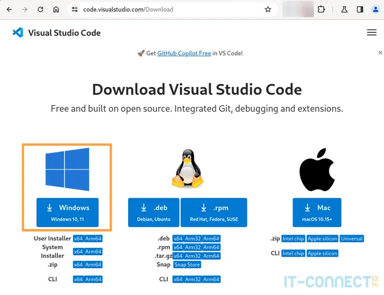 Page de téléchargement de VS Code.