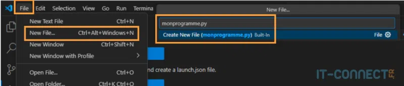 Création d’un nouveau fichier dans Visual Studio Code.