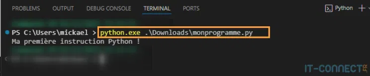 Exécution du code Python via le terminal (sous Windows).