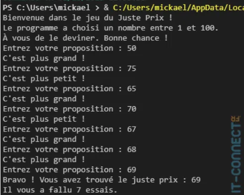 Exécution du programme “justprix.py”.